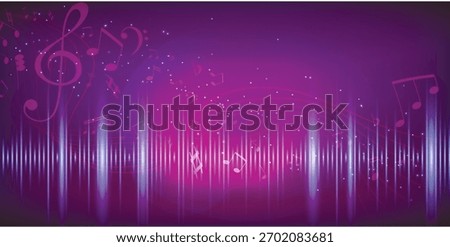 Horizontal vector template for a music banner or stream cover featuring a glowing beam of light, dynamic treble clef, curved musical staff, and floating notes. Bright illumination, modern abstract sty