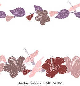 Horizontal vector tropical leaves and hibiscus flowers. Hand painted sketch with copy space (place for your text) in red and purple colors on a white background.