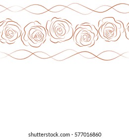 Horizontal vector vintage dashed roses silhouette seamless pattern (hand drawn) in white and orange colors with copy space (place for your text).