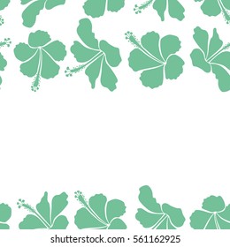 Horizontal vector vintage seamless tropical hibiscus flowers. Pattern on a white background in green colors and copy space (place for your text).