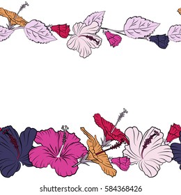 Horizontal vector vintage seamless tropical hibiscus flowers. Pattern on a white background in violet and pink colors and copy space (place for your text).