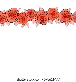 Horizontal vector vintage watercolor roses seamless pattern (hand drawn) in red and pink colors with copy space (place for your text).