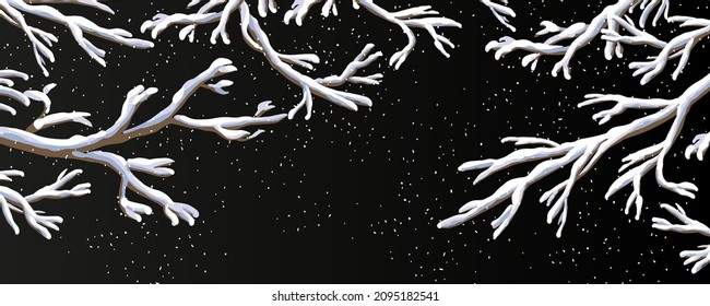 Horizontal vector winter illustration The bare branches of the trees are covered with white snow on a dark background Snowfall in the night forest in cartoon style Elements for New Year's illustration