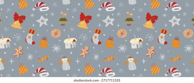 Diseño de papel de envoltura de Vector Horizontal con un patrón de Navidades sin costuras. Festivo, luminoso y acogedor. Perfecto para envoltura de regalo, embalaje al por menor, marca de vacaciones, impresiones y decoraciones de temporada.