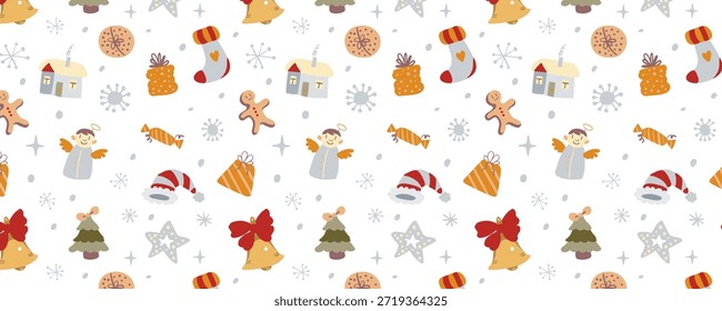 Horizontales Vektorpapier mit einem nahtlosen Weihnachtsmuster. Festlich, hell und gemütlich. Perfekt für Geschenkverpackungen, Einzelhandelspackungen, Urlaubsmarken, Prints und saisonale Dekorationen.