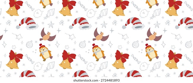 Vetor horizontal embrulhar design de papel com um padrão de Natal sem costura. Festivo, brilhante e acolhedor. Perfeito para embrulho de presente, embalagem de varejo, marca de férias, impressões e decorações sazonais.