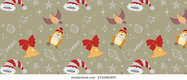 Vetor horizontal embrulhar design de papel com um padrão de Natal sem costura. Festivo, brilhante e acolhedor. Perfeito para embrulho de presente, embalagem de varejo, marca de férias, impressões e decorações sazonais.