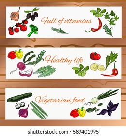 Horizontal vegetable banner with hand drawn ingredients. Vegetarian food.