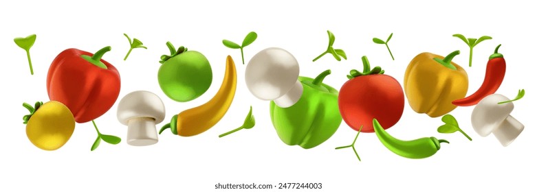 Horizontal composición vegetal de tomate fresco saludable, hongos, pimienta y Pequeño microverde aislado sobre fondo blanco. Ilustración vectorial 3D realista para el Anuncio, la cubierta, la marca.