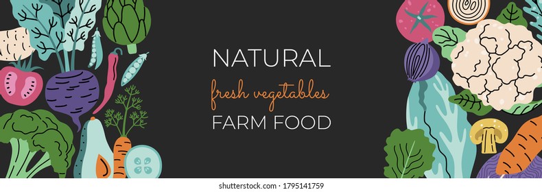 Horizontal vegetables banner, hand drawn organic food in modern doodle style. Template vector illustration in neon colors, isolated on black background. 