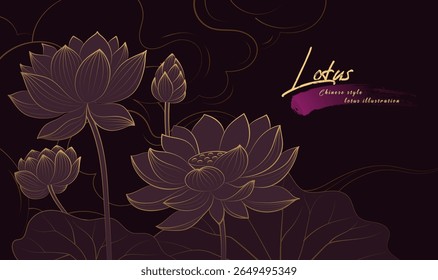 Horizontal version of Chinese style linear lotus illustration with auspicious cloud background