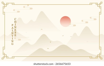 Horizontal version of Chinese wind and ink landscape retro border poster background