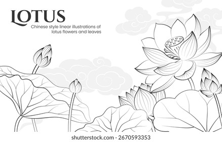 Horizontal version hand painted linear lotus flower illustration floral background