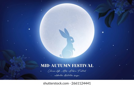Horizontal version of the Mid-Autumn Festival blessing illustration night full moon and rabbit