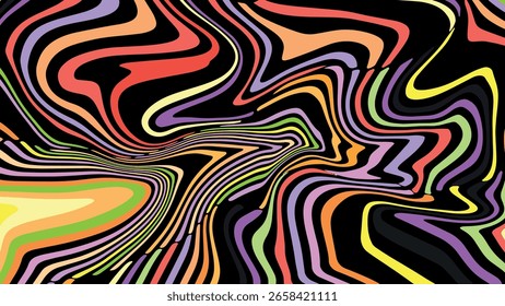 Horizontal and vertical abstract background with flowing colorful waves in red and yellow retro tones, groovy 60s 70s inspired vector design for fashion, print, and branding