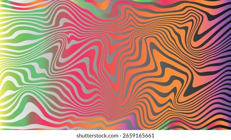 Vector retro abstracto Horizontal y de Vertical con patrones dinámicos de ondas coloridas en tonos rojos, amarillos y arcoíris inspirados en el diseño vintage mod de los años 60 y 70