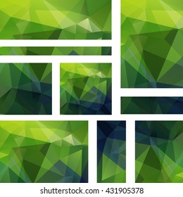 Horizontal and vertical  banners set with polygonal triangles. Vector illustration. Green color. 