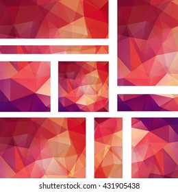 Horizontal and vertical  banners set with polygonal triangles. Polygon background, vector illustration. Red, pink, orange colors. 