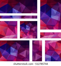 Horizontal and vertical banners set with polygonal triangles. Polygon background, vector illustration. Pink, blue, purple colors