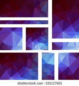 Horizontal and vertical banners set with polygonal triangles. Polygon background, vector illustration. Blue, purple colors. 