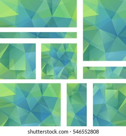 Horizontal and vertical banners set with polygonal triangles. Polygon background, vector illustration. Green, blue colors