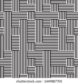 Horizontal and vertical black segments. Vector seamless pattern. Modern stylish texture. The proportion between foreground and background (black and white bands) is 50%:50%.