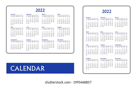 Horizontal and vertical blue pocket calendar on 2022 year. Vector template calendar in English. For business on white background. Week starts from Sunday.