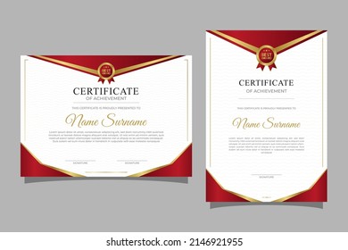 Horizontal and vertical certificate design template with red border and gold badges