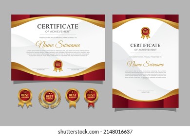 Horizontal and vertical certificate design template with red border and gold badges