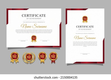 Horizontal and vertical certificate design template with red border and gold badges