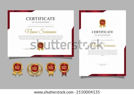 Horizontal and vertical certificate design template with red border and gold badges