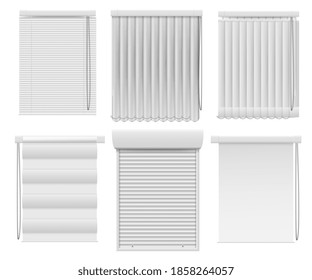 Horizontal vertical darkening window blind curtain set. Realistic roller jalousie shutter for office or home design interior and privacy protection vector illustration isolated on white background