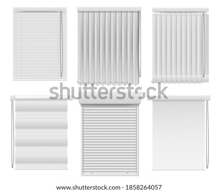 Horizontal vertical darkening window blind curtain set. Realistic roller jalousie shutter for office or home design interior and privacy protection vector illustration isolated on white background