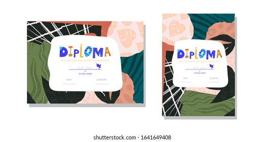 Horizontal and vertical Diploma template for kids. Modern colorful Vector illustration template certificate background with hand drawn letters of Preschool school, preschool or playschool. 