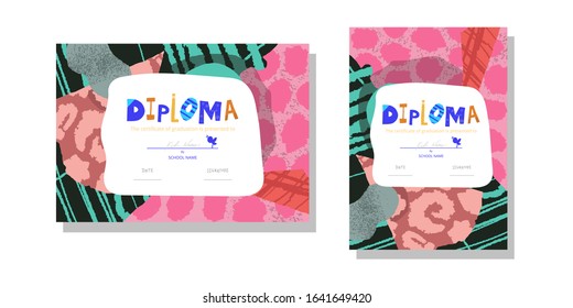 Horizontal and vertical Diploma template for kids. Modern colorful Vector illustration template certificate background with hand drawn letters of Preschool school, preschool or playschool. 