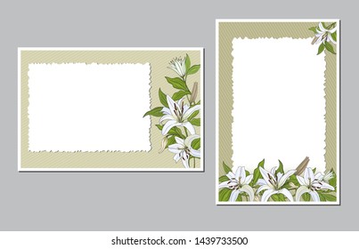 Horizontal and vertical frame decorated with flowers of light lily with a mat. Save the invitation date template