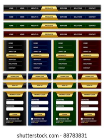 Horizontal and vertical navigation menu and website elements with shiny golden effect