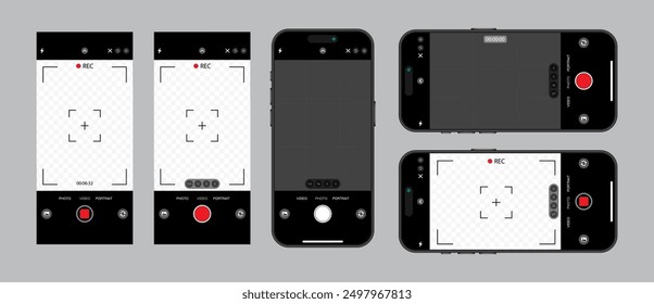 Horizontal and vertical photo camera on screen of Smartphone with interface. Viewfinder, Grid, Buttons, Lights, and Focus Controls in Mobile Photography Apps. Vector