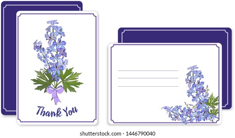 Horizontal and vertical postcards with a bouquet of flowers delphinium. Vector