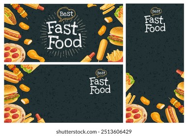 Horizontal and vertical poster fast food menu. Chips, hamburger, pizza, hotdog, fry potato in paper box, taco, burrito. Vector realistic color isolated illustration and lettering on dark