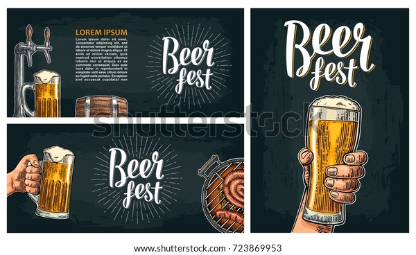 Horizontal and vertical poster to festival.\
Beer fest lettering with ray. Wood barrel, hands holding glass,\
tap, wood barrel, barbecue. Vintage vector engraving illustration\
on dark background.
