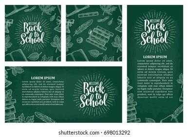 Horizontal, vertical posters and seamless pattern with leaf, book, bell and lettering Welcome Back to School. Vector vintage engraving illustration on dark background