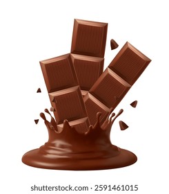  horizontal and vertical splash of chocolate, cocoa or coffee, pieces of chocolate bar, swirl and drop
