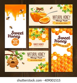 horizontal vertical and square banners presenting sweet natural honey with bees hive and wax cells vector illustration