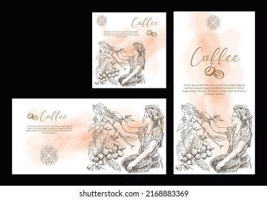 Horizontal, vertical, and square coffee picker banners set. coffee tree plant in a sketch etching style. watercolor for advertising, café, or shop