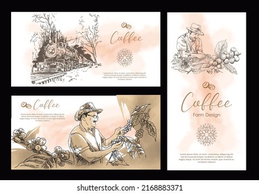 Horizontal, vertical, and square coffee picker banners set. coffee tree plant in a sketch etching style. watercolor for advertising, café, or shop