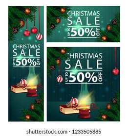 Horizontal, vertical and square discount Christmas banners with antique lamp