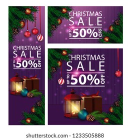 Horizontal, vertical and square discount Christmas banners with antique lamp