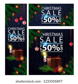 Horizontal, vertical and square discount Christmas banners with gifts