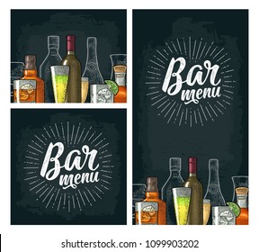 Horizontal and vertical template for Bar menu alcohol drink with calligraphic handwriting lettering. Bottle and glass gin, vodka, tequila, wine, whiskey, rum. Vintage color vector engraving on dark